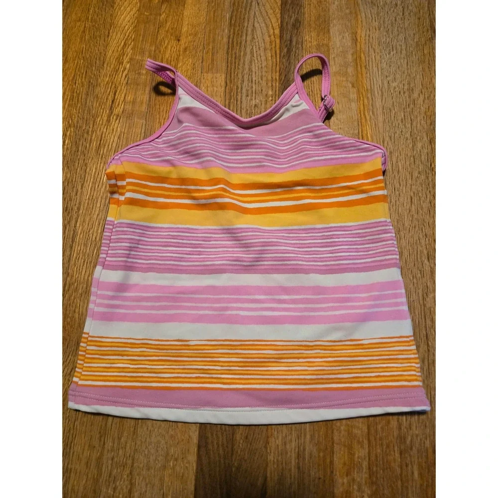 Lands End Kids Girls 5 Pink Orange White Striped Adjustable Tankini Swim Top